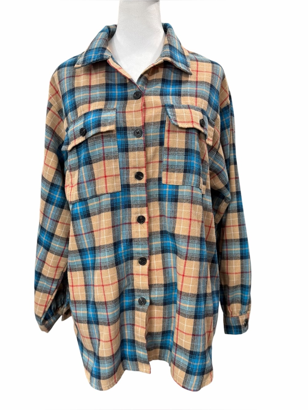 Romwe Women S Plaid Flannel Shirt Blue Tan Long Sleeve Button Front Grunge Cabin